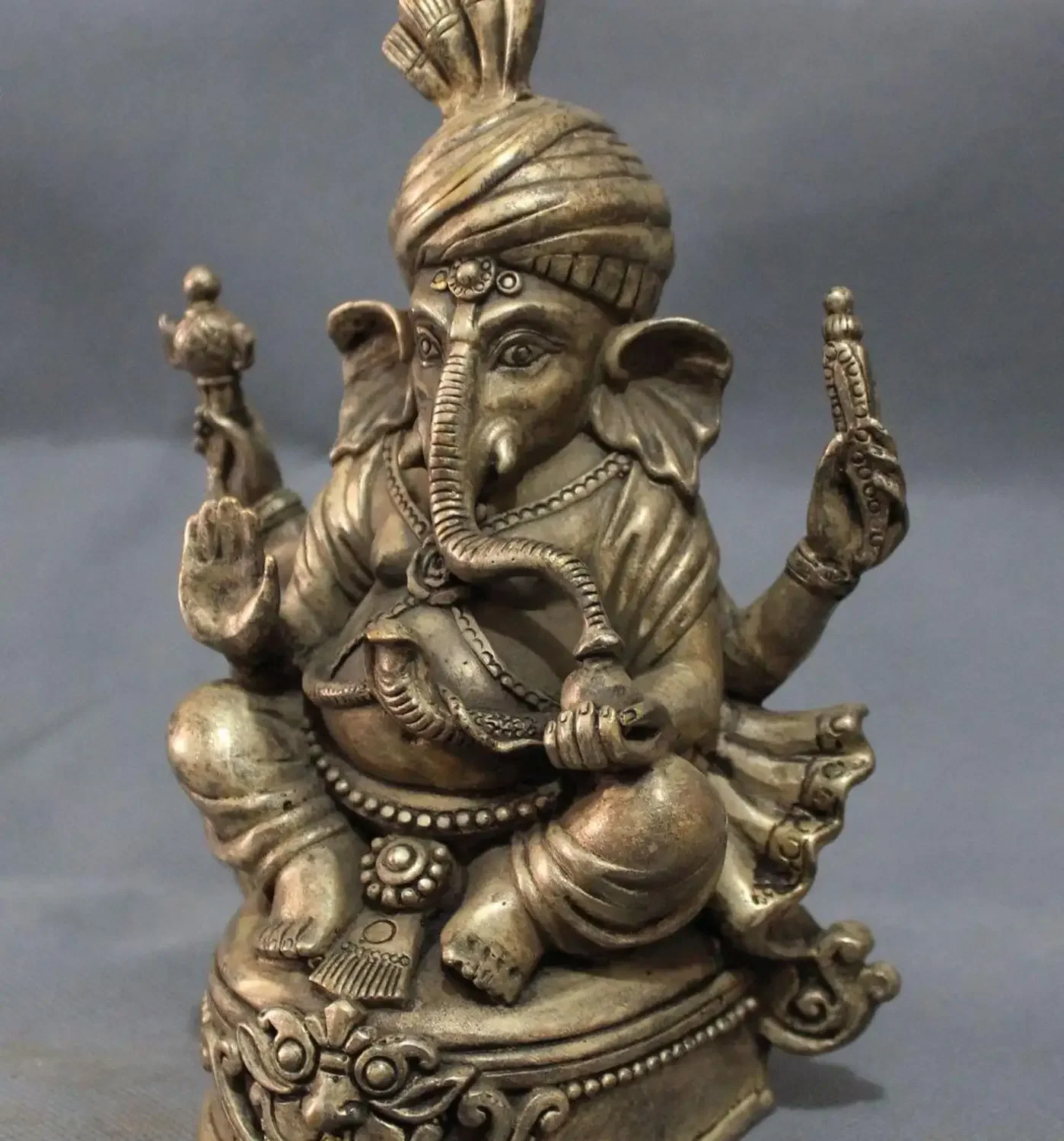 Free Tibet Silver Lion Head Vajra 4 Hand Ganapati Ganesh Lord Ganesha Buddha Statue