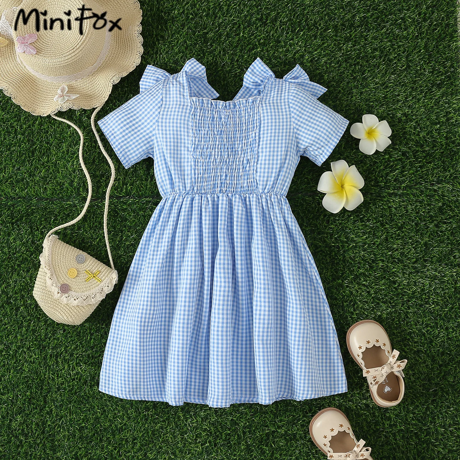 MiniFox Brother and Sister Matching Outfits Bowknot Blue Girl Dresses Boys Shirt and Suspender Shorts Sets For Boys Clothes