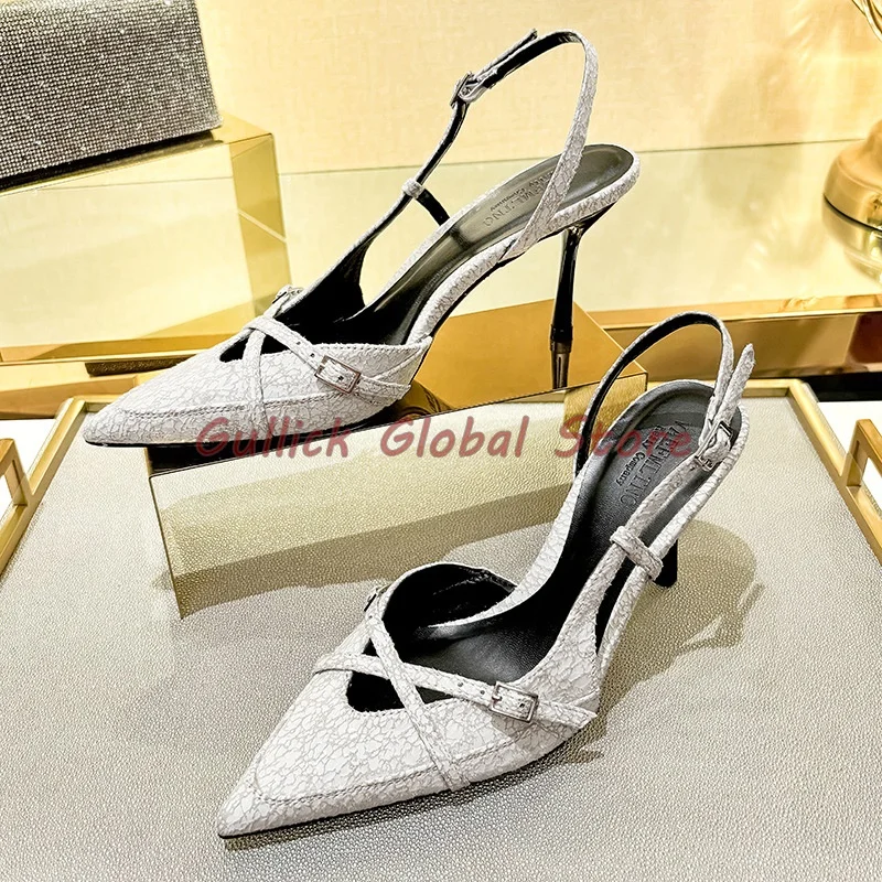 2024 New Arrival Pointed Toe Buckle Cross Tied Shallow Wrapped Toe Slingback Stiletto Sandals Summer Dress Elegant Career Grace