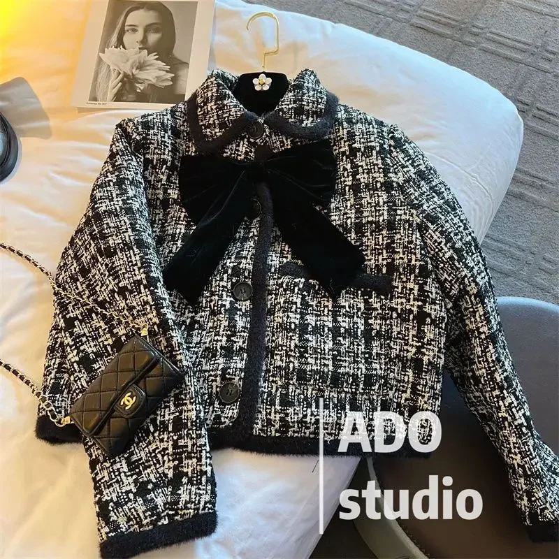 Coarse tweed short jacket for women's autumn 2024 new item Xiaoxiang retro style bow tie jacket top  coats for women