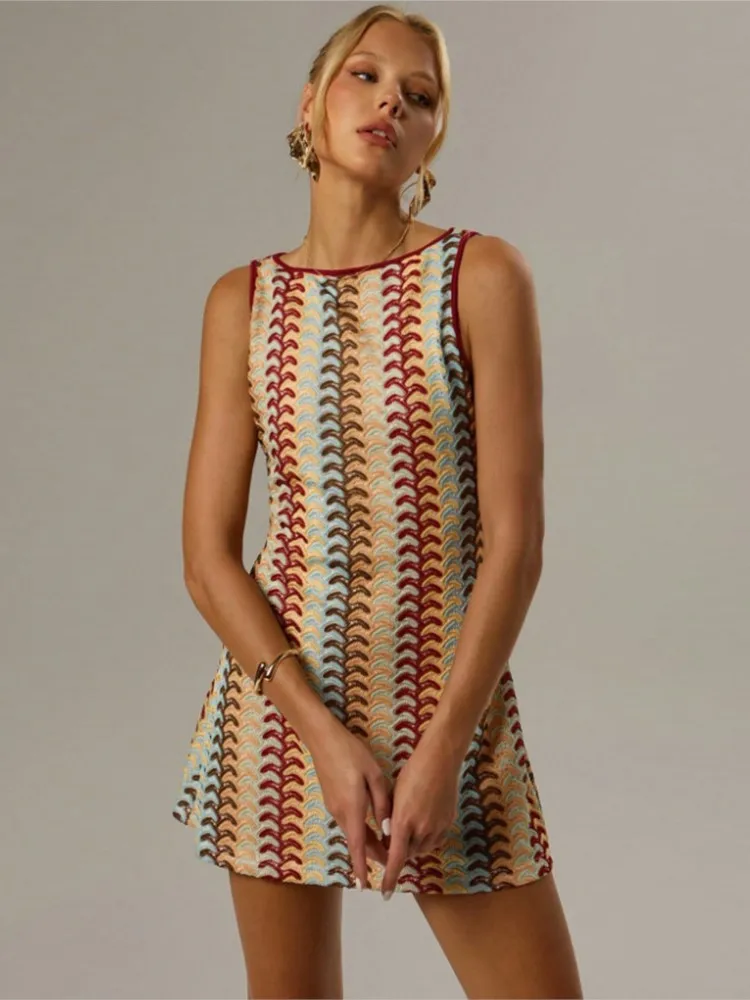 Summer Tank Dress Fall Women Sexy Casual Knit Sheath Mini Dresses Print O-Neck Elegant Sleeveless Bodycon Dress Women's Clothing