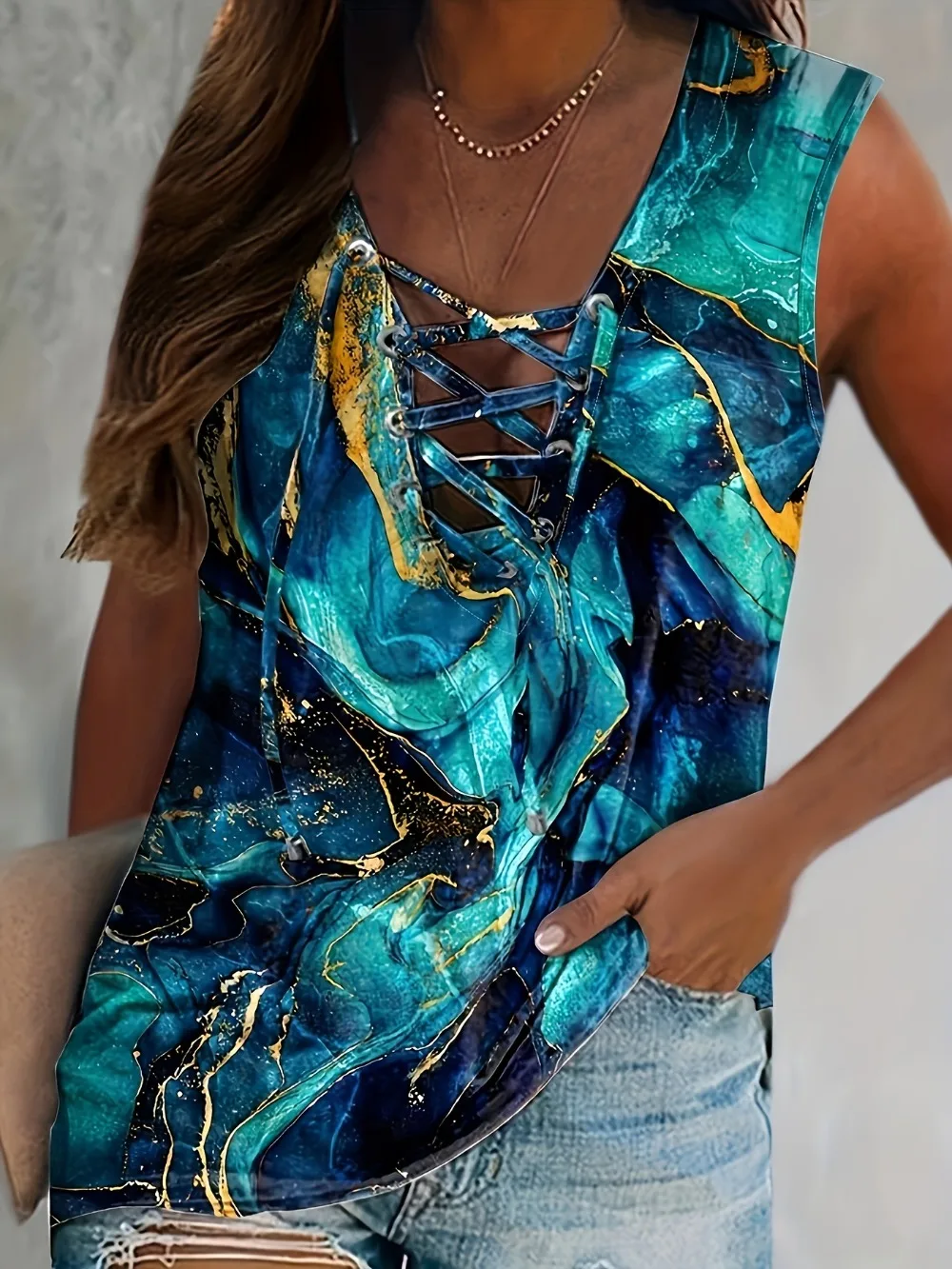 

Plus Size Casual Loose V-neck Tie Printed Vest Top T-shirt Summer New Fashion Colour Printing Women's Tank Top