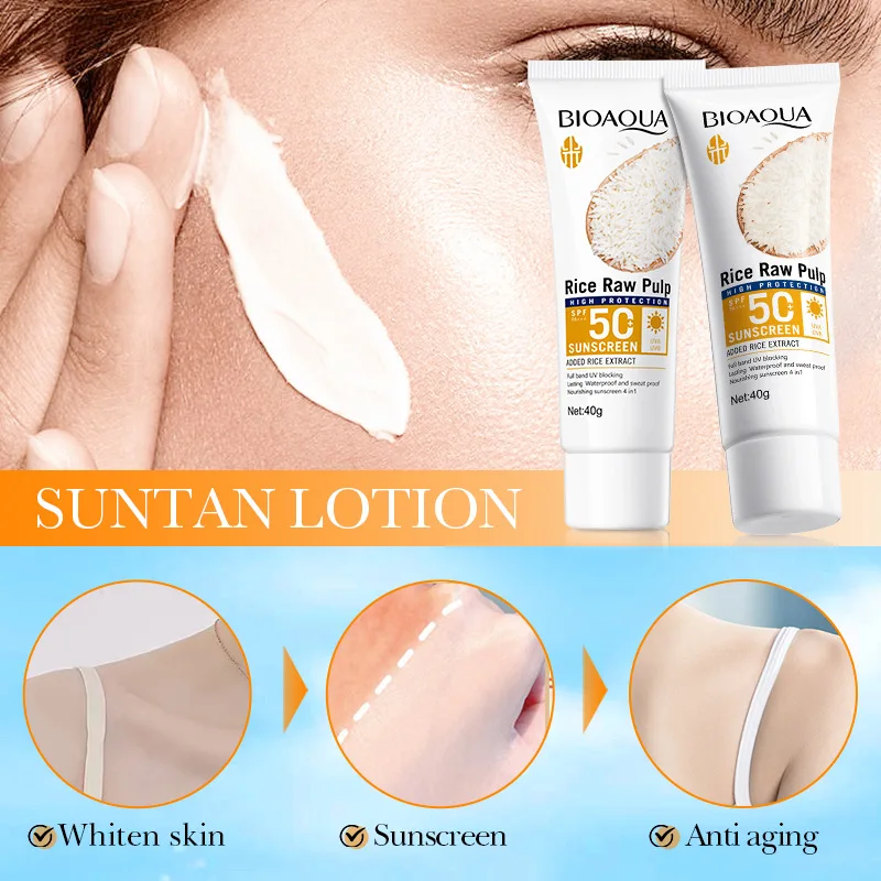 BIOAQUA pulpa cruda de arroz Spf 50 + protector solar para cara cuerpo cuello Protector de espalda bloqueador Solar brillo crema solar Facial cuidado de la piel