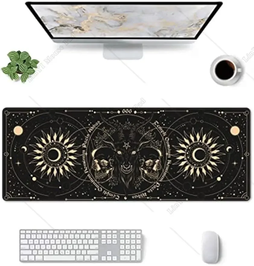 Sun and Moon Gothic Skull Goat Mouse Pad Extended Large Gaming Mouse Pad XL Oversized Desk Pad Stitched Edges 31.5 X 11.8 Inch