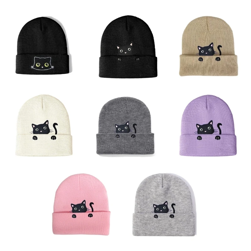 Unique Knit Hat Embroidered Kitten Winter Hat Pullover Casual Streetwear Photo Props Women Men Breathable Caps