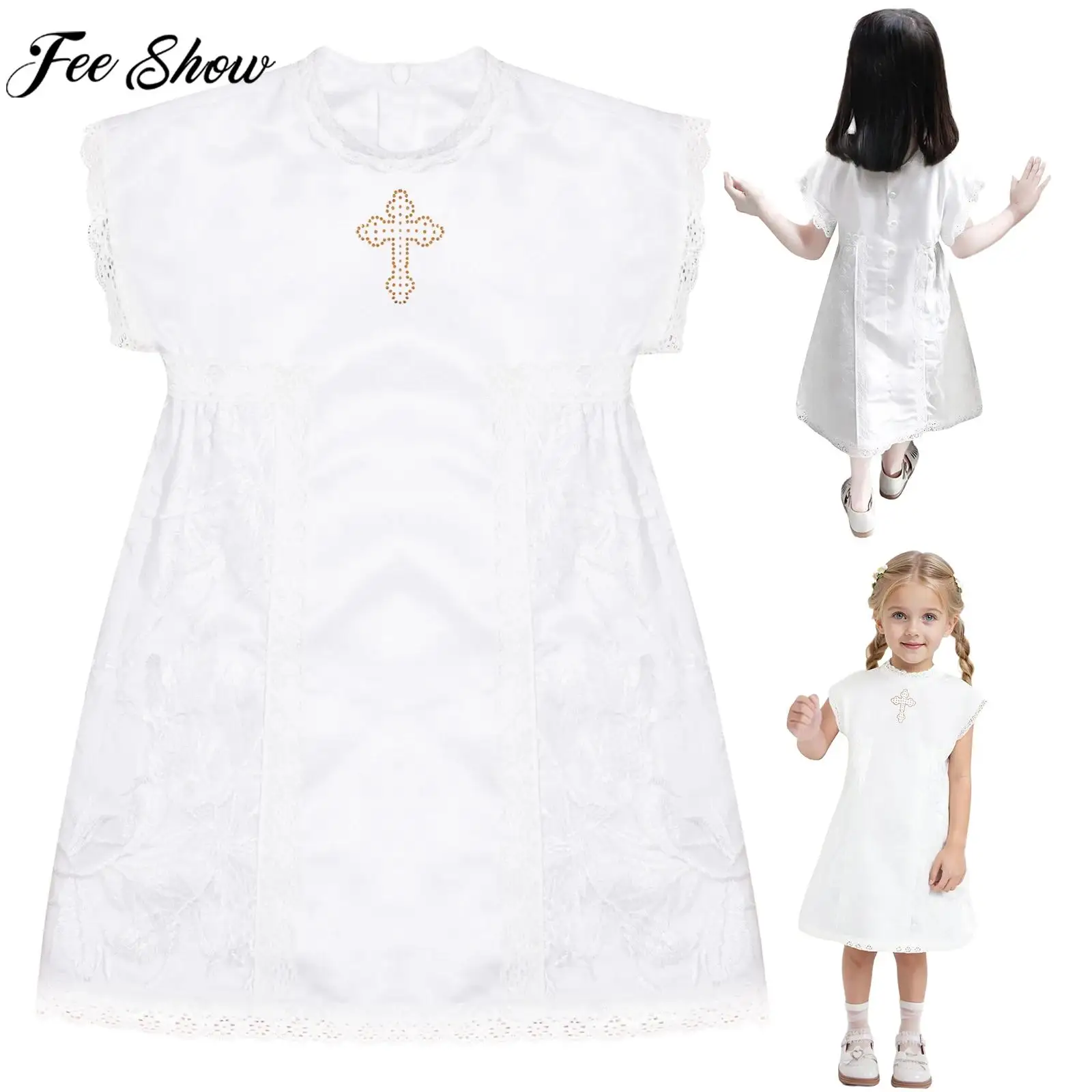 

Little Girls Short Sleeve Lace Rhinestone White Christening Dress Baptism Birthday Wedding Christmas Party Church Prayer Gown