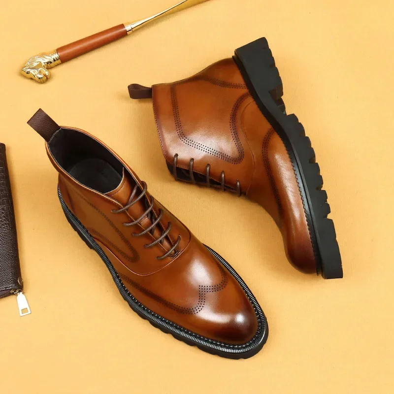 

Platform Real Cow Leather Mens Boots Luxury Handmade Genuine Leather British Style Comfortable Casual Ankle Business Shoes Man