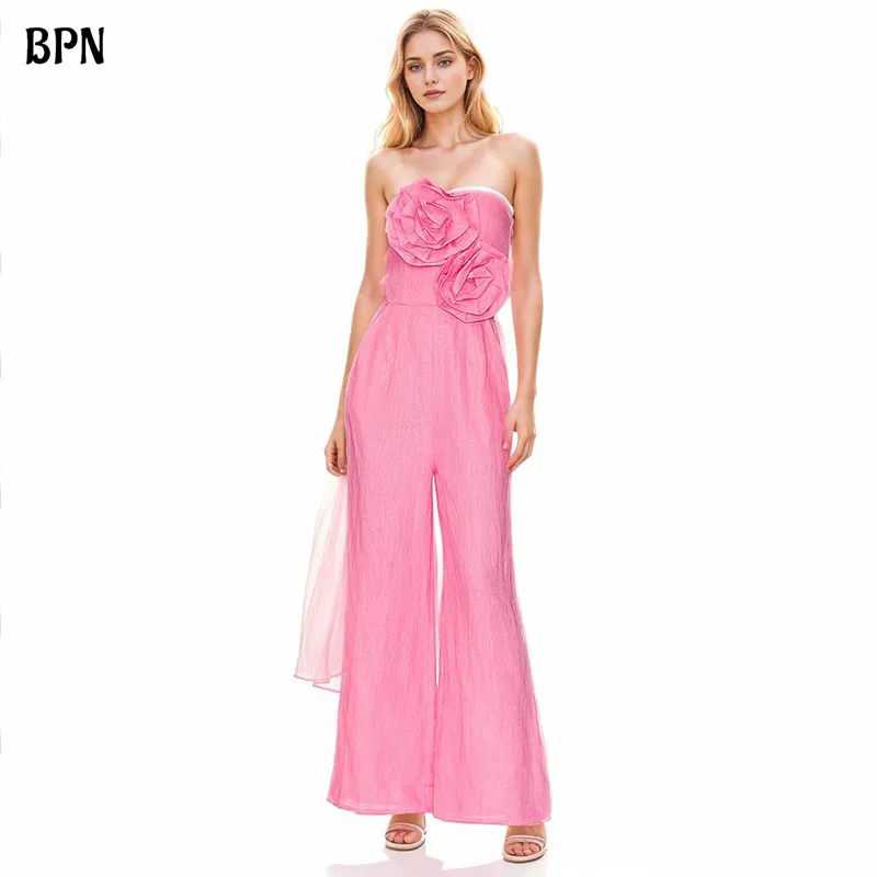 

BPN Elegant Patchwork Appliques Jumpsuits For Women Strapless Sleeveless Backless High Wiast Casual Wide Leg Jumpsuit Female New