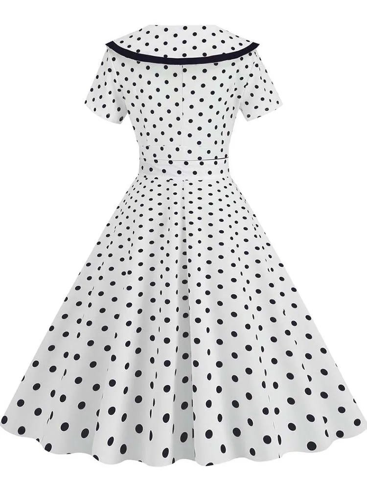 Turn-Down-Kragen Vintage Polka Dot Sommerkleider für Frauen elegante Knöpfe Kurzarm Midi Party kleid