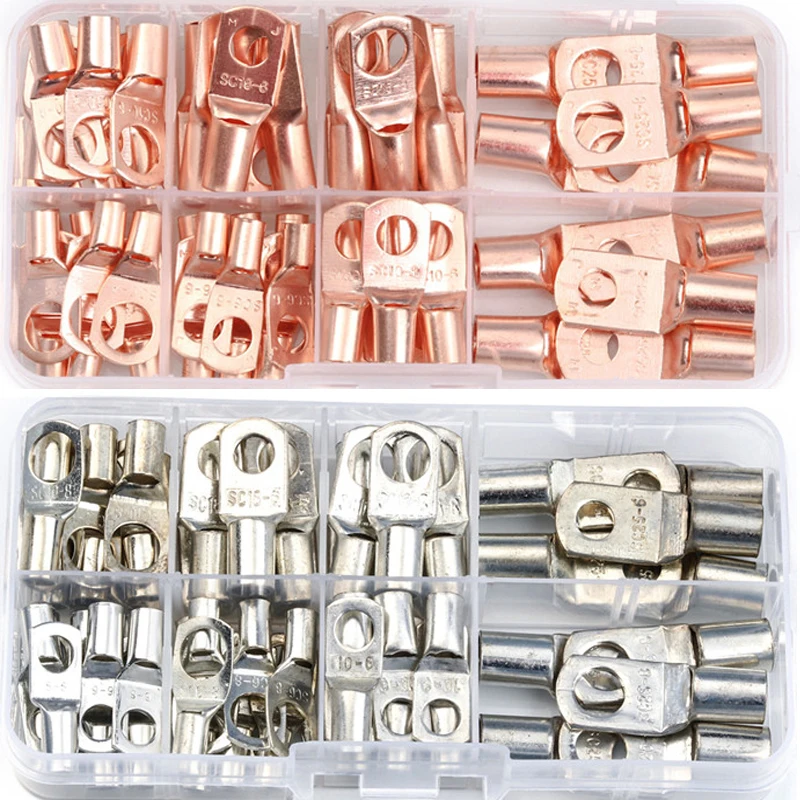 60PCS Tinned Copper SC Bare Terminals Lug Ring Seal Wire Connectors Bare Wire Cable Crimped Soldered Terminal Kit SC6-SC25