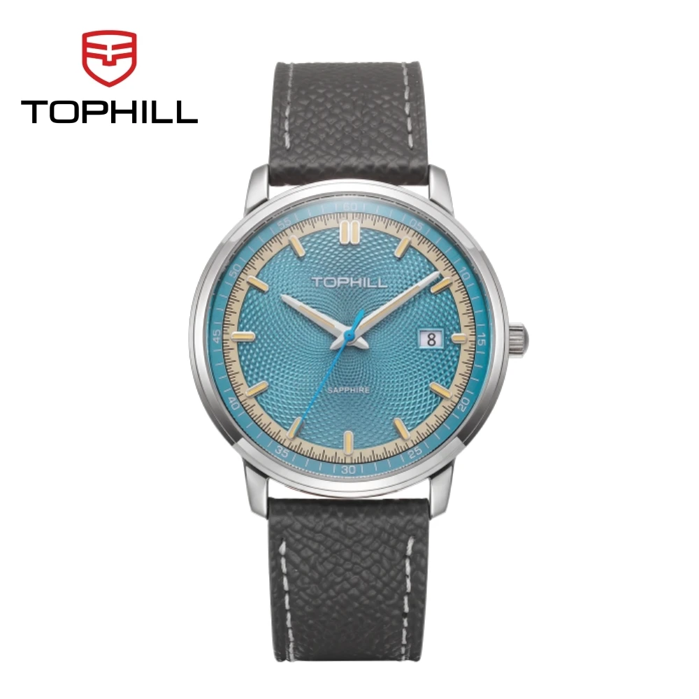 TOPHILL Quartz Watch Ronda 515 40mm Ultra Slim Case Barley Corn Pattern Dial 3H Date Window Luminous Hands Waterproof 50M TW112G