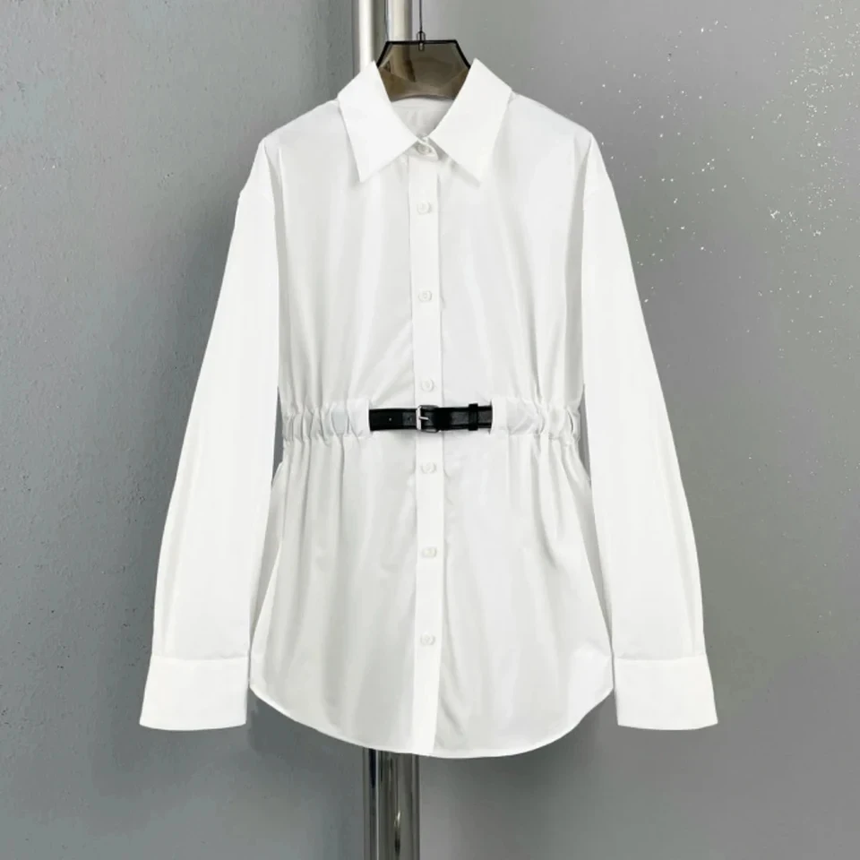 

2024 new women's fashion long-sleeved sexy casual black and white waist belt shirt