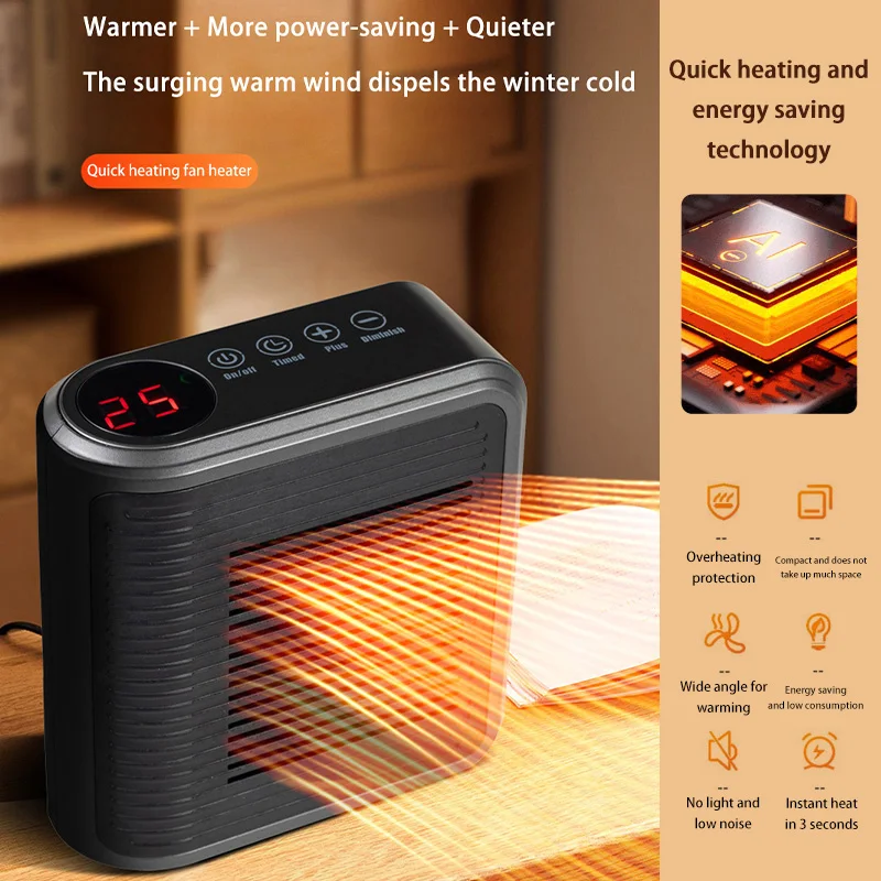 New 2024 Mini Heater Small Bathroom Heating Fans Plug Wall PTC Ceramic Electric Heater Touch Timer Heater For Offices