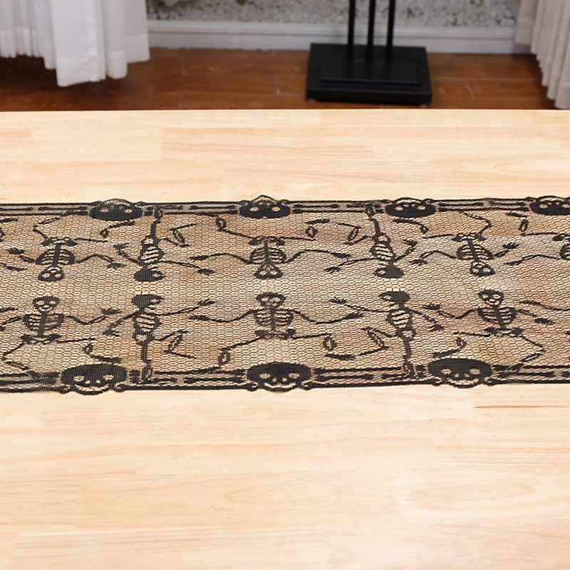 مفرش طاولة دانتيل للهالوين مفرش طاولة شبكي عنكبوت أسود غطاء مدفأة ديكور الهالوين 2024 غطاء قماش للحفلات المنزلية #3