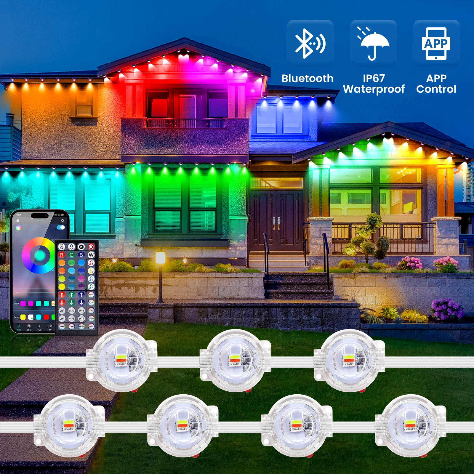 30M 60Leds Eave Light Outdoor LED Light Strip APP Remote Control RGBCCT Light String Waterproof Whole House Christmas Light