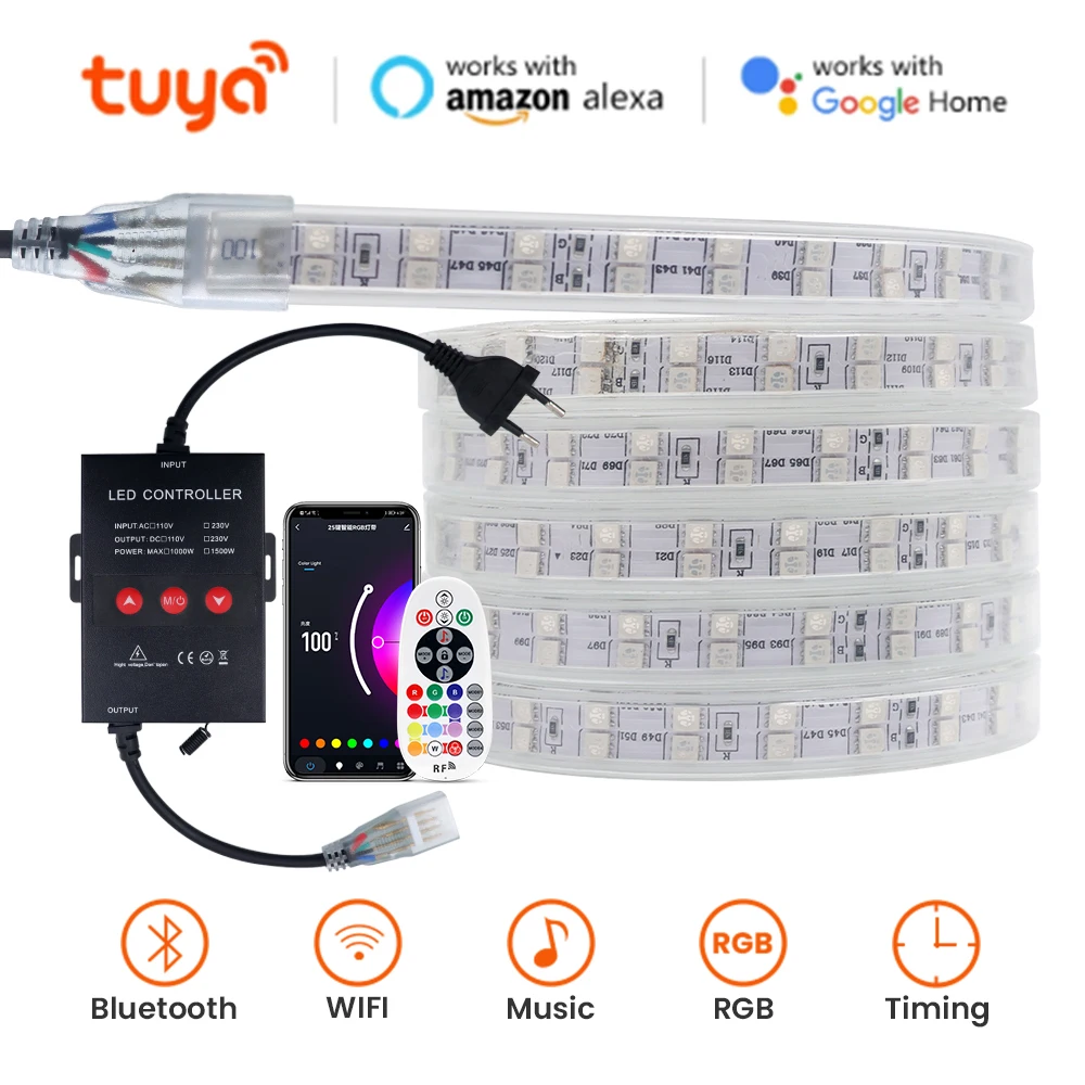 

AC220V Smart WiFi LED Strip Lights Double Row 5050 RGB Music Sync LED Tape RF Tuya BT APP LED Lights Work with Alexa Google Home