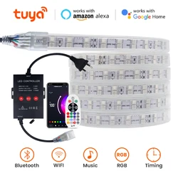 Ac220v inteligente wifi luzes de tira led fileira dupla 5050 rgb sincronização música fita led rf tuya bt app luzes led trabalho com alexa google casa