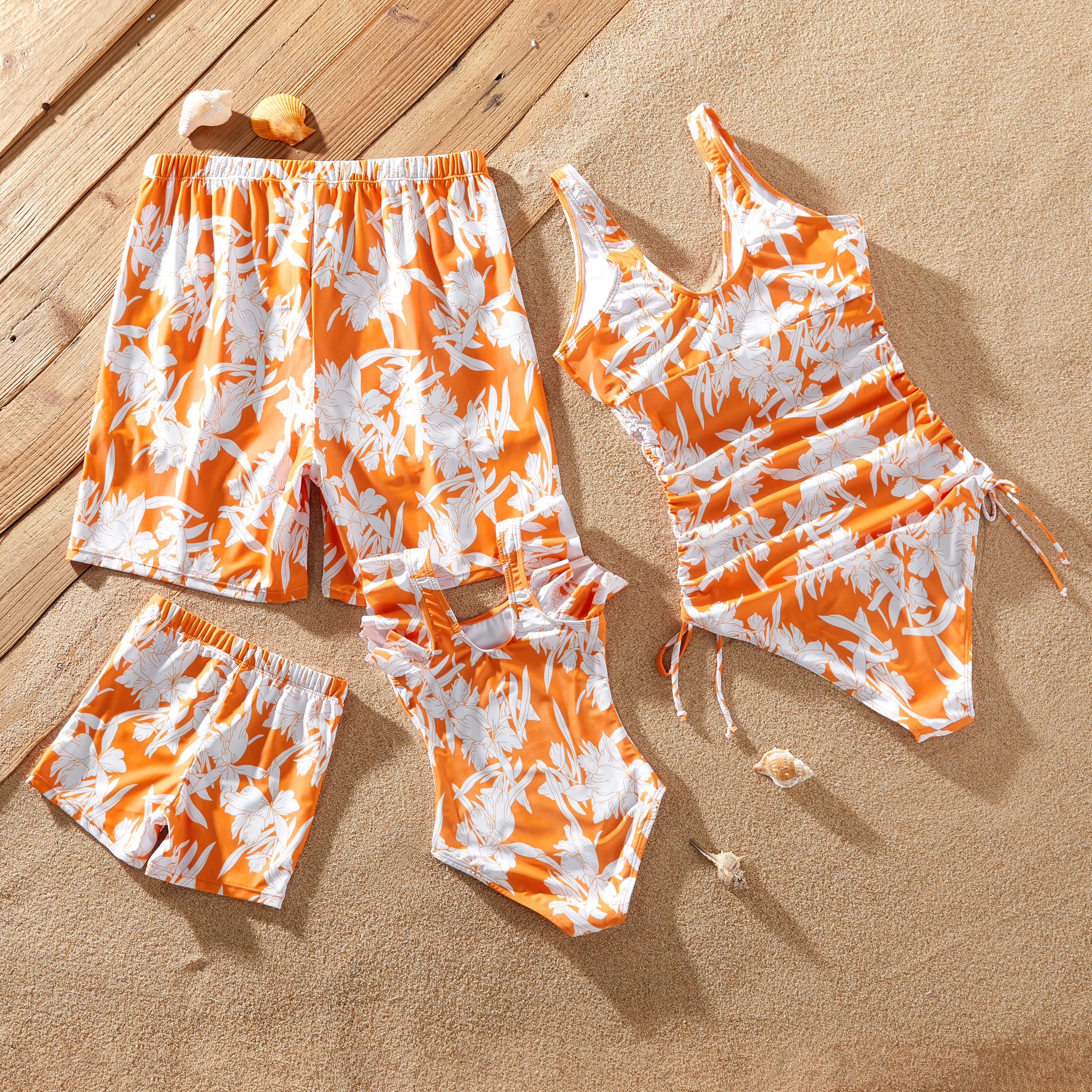 PatPat Family Matching Orange Floral Drawstring Swim Trunks or Cross Front Drawstring Sides One-Piece Swimsuit