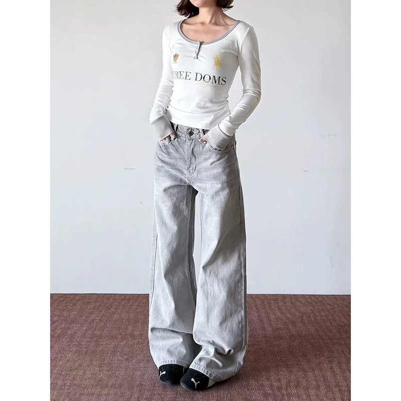 

ZHIZOU American Vintage 2000s Style High Waist Gray Jeans Pants Summer Women's Baggy Y2K Wide Leg Denim Trouser Female Clothes
