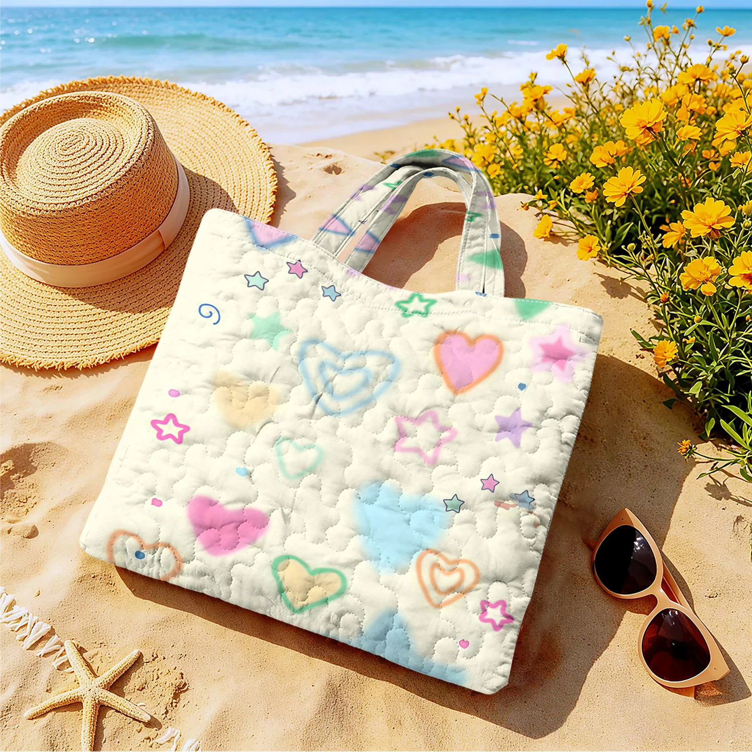 Pastel Star Large Capacity Canvas Shoulder Bag Dual Side Print Tote Bag Daily Shopping Bag Fashion Gift Handbag