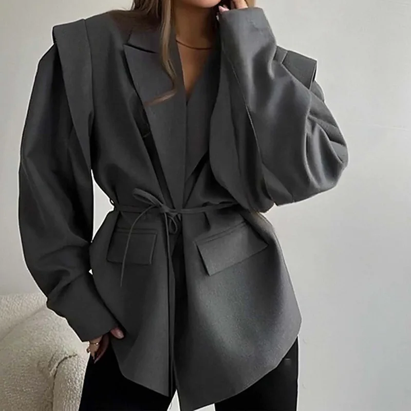 

Autumn Fashion New Blazer Elegant Office Lady Commuter Solid Color Lapel Shoulder Pad Long Sleeve Button Belt Coat For Women