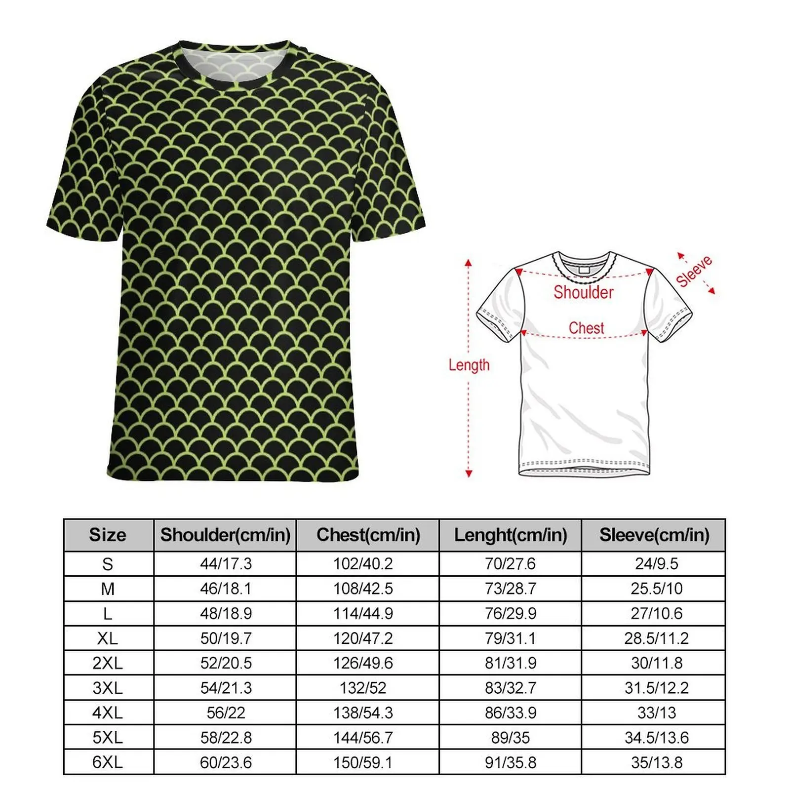 Lime Black Mermaid Scale T-Shirt Men Pattern O Neck T-Shirts Summer Novelty Tops Short Sleeve Street Style Big Size Tee Shirt