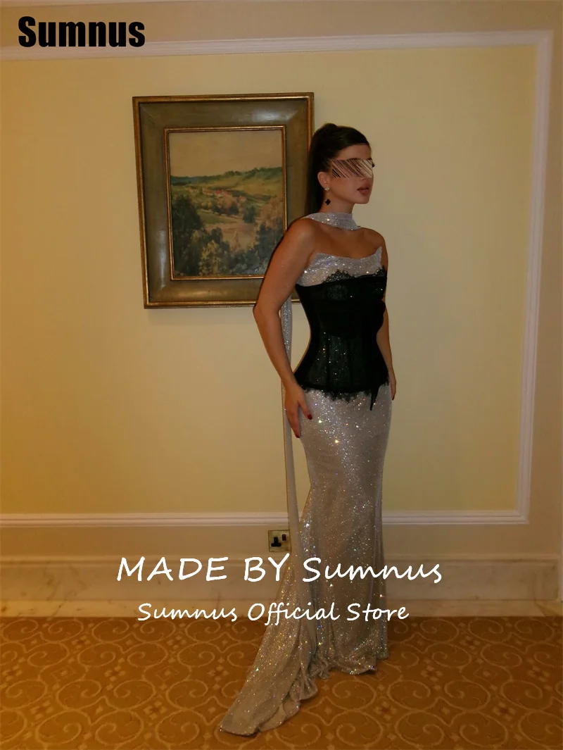 Sumnus Sparkly Mermaid Prom Dress Boat Neck Lace Sleeveless Floor Length Evening Dress فساتين سهرة Customized