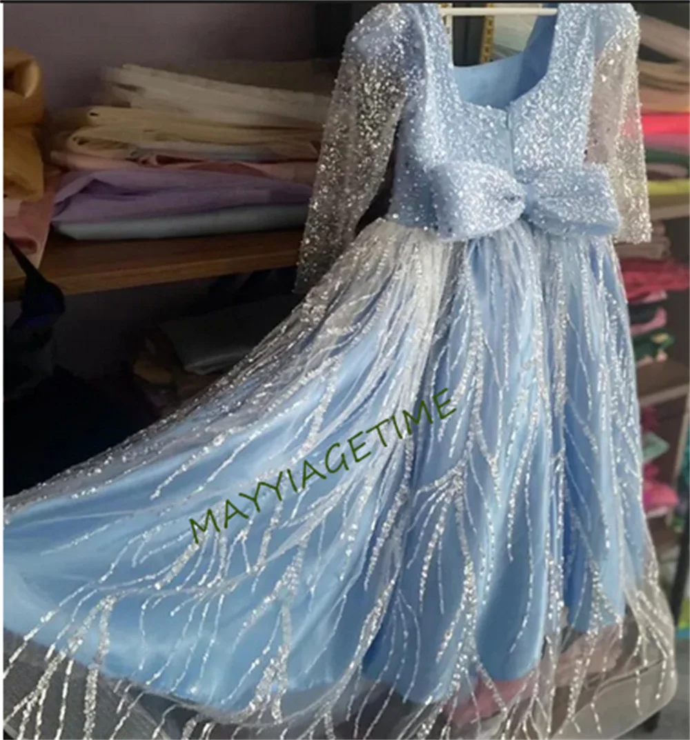 Blue Flower Girl Dress Glitter Tulle Sequined Prom Gown Flower Girl Dress Custom Baby Frock Child Birthday Gown