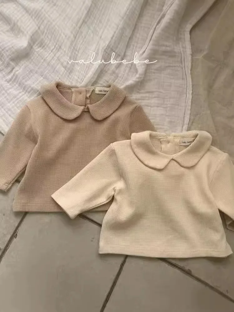 2025 Autumn New Baby Long Sleeve T Shirts Cotton Infant Toddler Peter Pan Collar Tops Girls Solid Versatile Bottoming Shirts