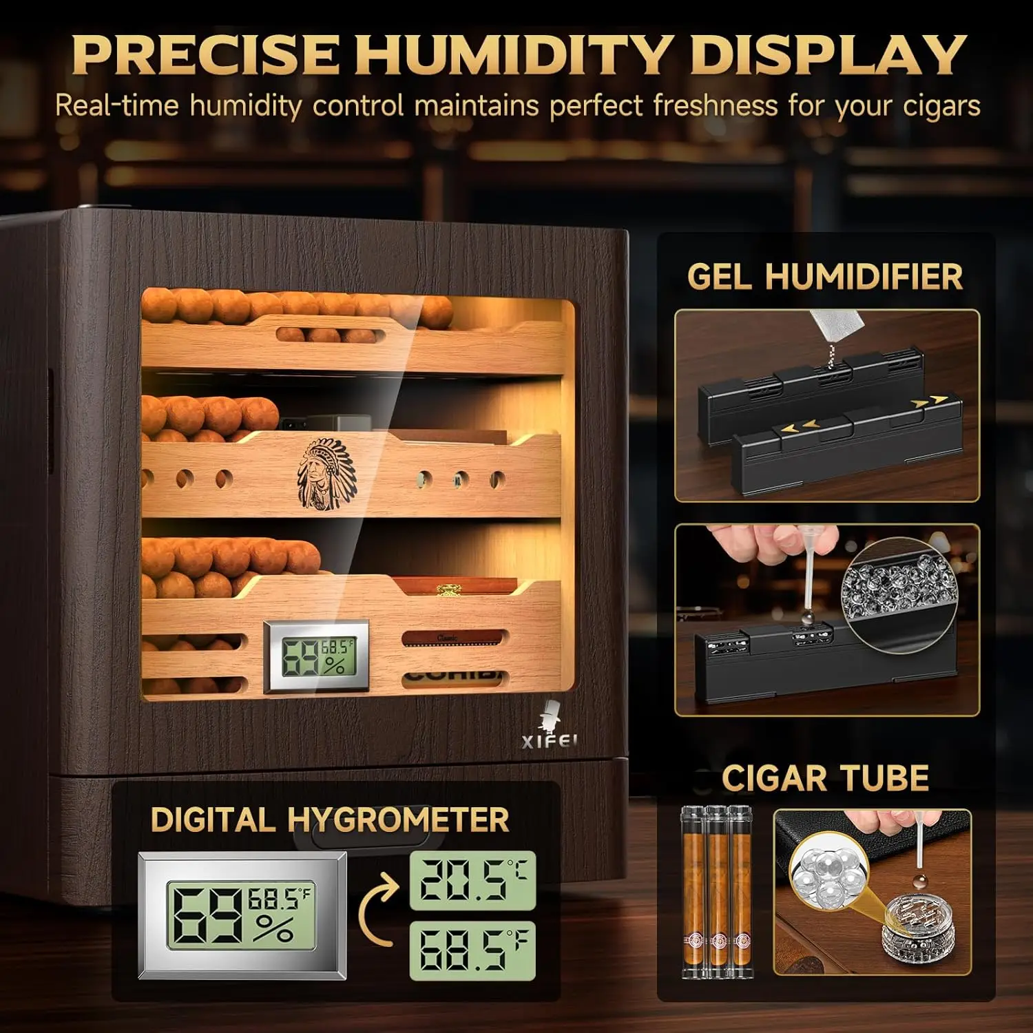 خزانة سيجار قابلة للتعديل مع مقياس رطوبة رقمي، 3 أدراج من خشب الأرز وغطاء زجاجي تتسع لـ 80-100 سيجار