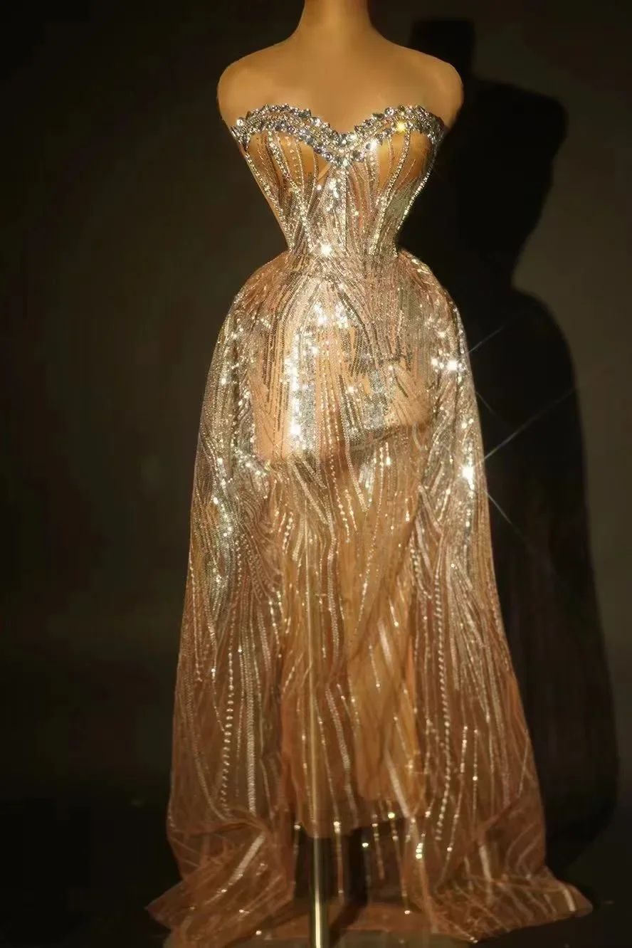 Party Dress Women Celebrity Silver Sequins Diamond Strapless Prom Gown Singer Two Pieces Stage Outfit Club Show Wear