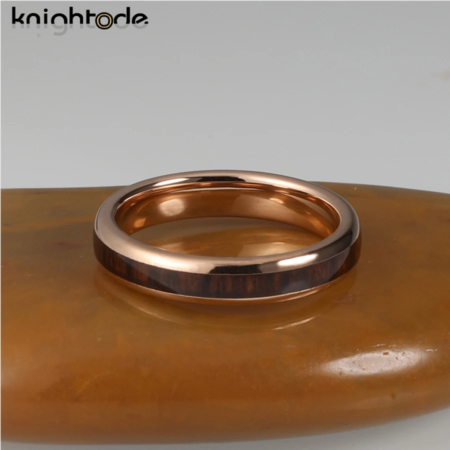 4mm Black/Rose Tungsten Carbide Rings With Deep RoseWood Inlay Men Women Wedding Band Domed Polished Comfort Fit