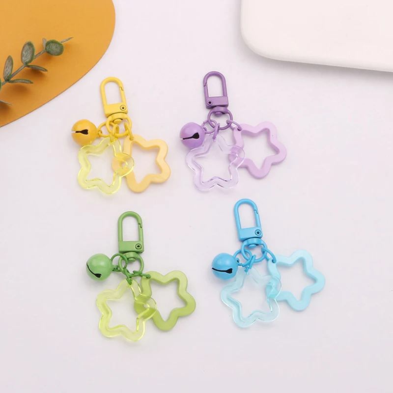 Hollow Five-pointed Star Bell Pendant Car Hanging Keychain Candy Color Bag Keyring DIY Jewelry Making Key Ring For Women Girl