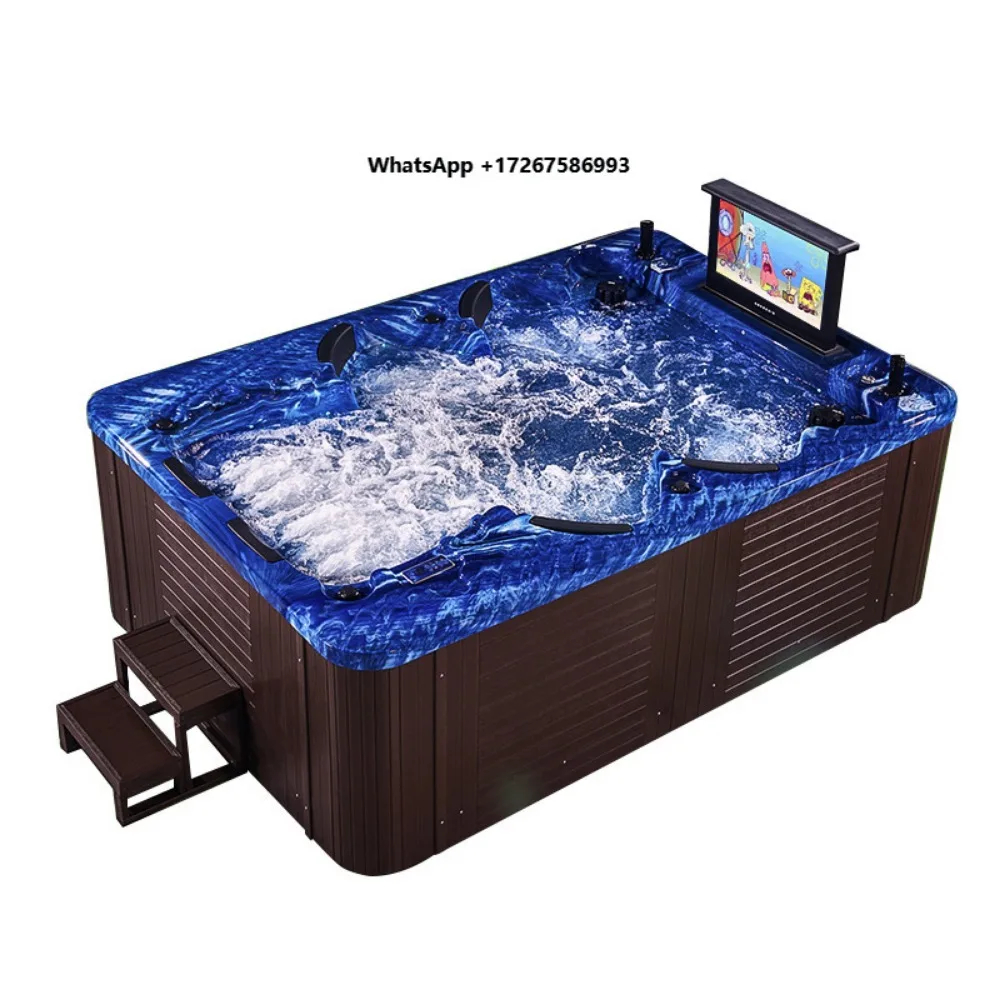 Luxury Modern Freestanding 6-Person Rectangular Acrylic Eco-Friendly Outdoor Spa Hot Tub Pool with Massage and One Lounger