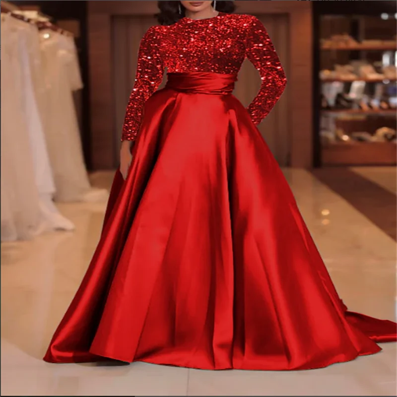A-Line Sequin Evening Gown Elegant Dress Formal Cocktail Party Court Train Long Sleeve High Neck Fall Wedding Guest Customized
