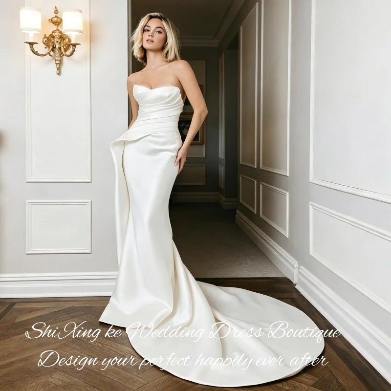 Draped Pleated Satin Wedding Gown 2026 Strapless Mermaid Royal Train Backless Bridal Dress Vestidos De Novia Customized