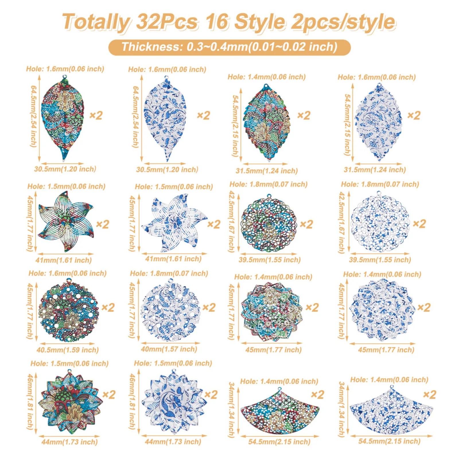 32Pcs Colorful Stainless Steel Hollow Filigree Flower Charms Pendant For Bracelet Necklace Earring DIY Jewelry Making Supplies