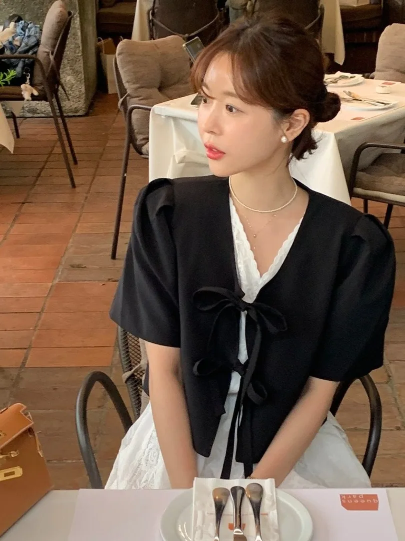 

Chic ort Bubble Sve Coat for Women Ele Tied Waist Sli Top Commute Friendly round Ne Other Material Summer New