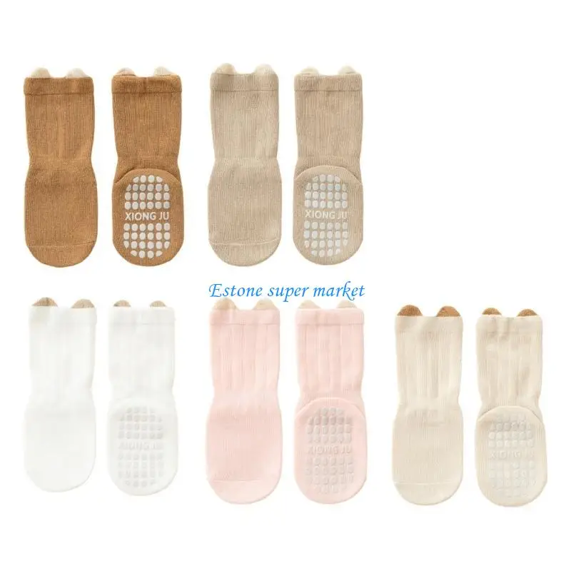 

090B 5 Pairs Calf Socks Baby Socks Breathable Toddlers Cotton Stockings with Soles for Baby Girls Boys 0-3 Years