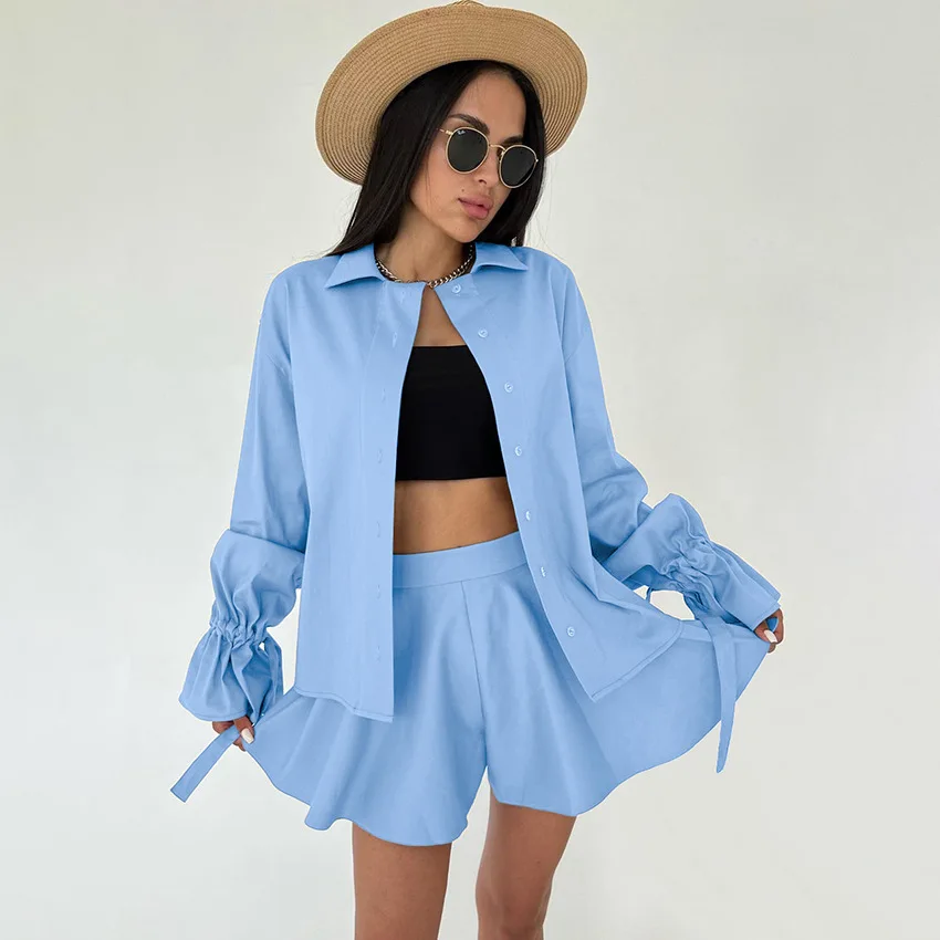 Ruffles Women Pajama Set Summer Long Sleeve Ladies Sleepwear 2 Pcs with Shorts Single Breasted Lace Up Homewear for Female