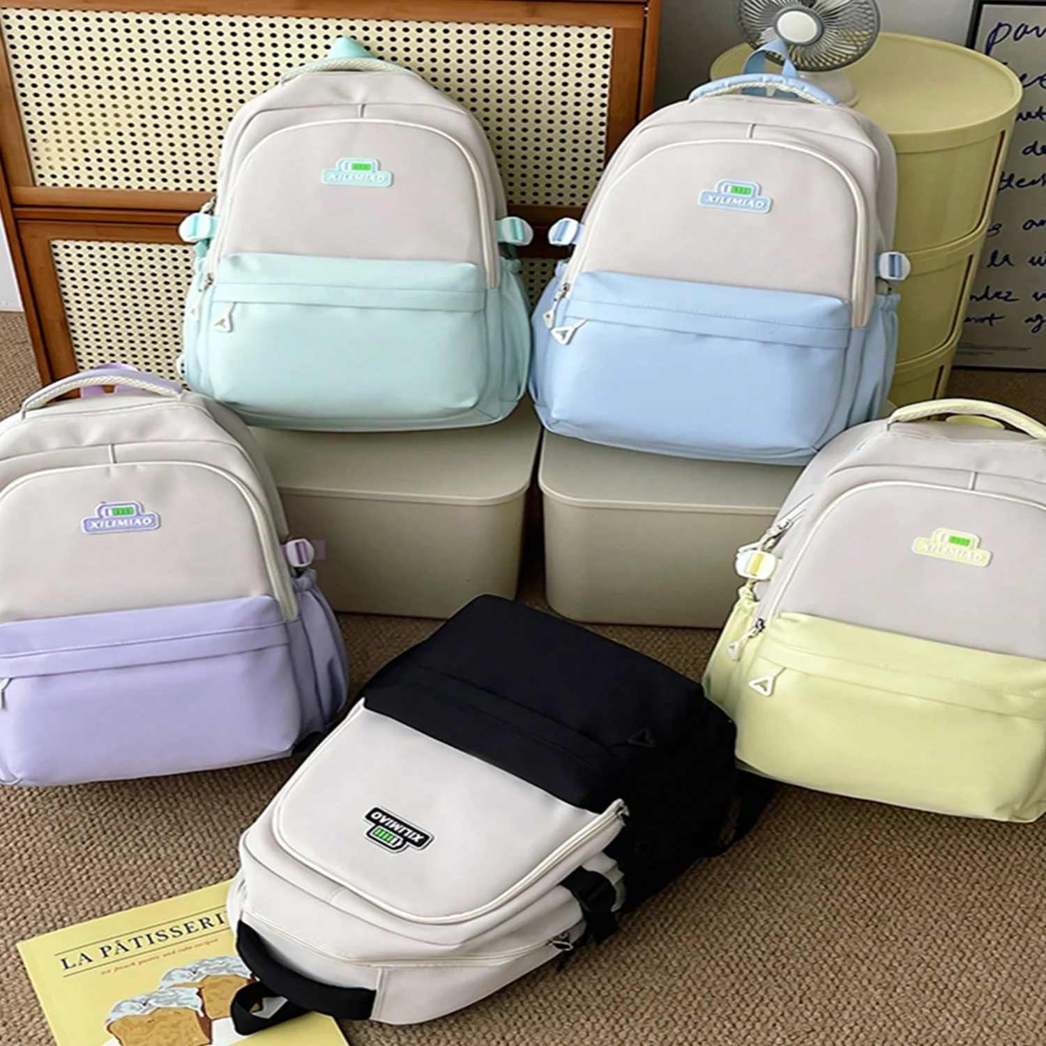 

1pc Color-Block Nylon Zipper Closure Student Backpack, Suitable For Daily Use For Boys And Girls