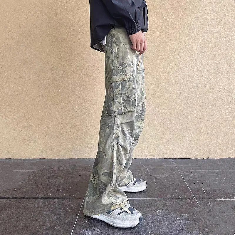 Pantalones vaqueros holgados de camuflaje con bolsillos laterales para hombre y mujer, pantalón largo de algodón de pierna ancha, moda Y2K, 2023