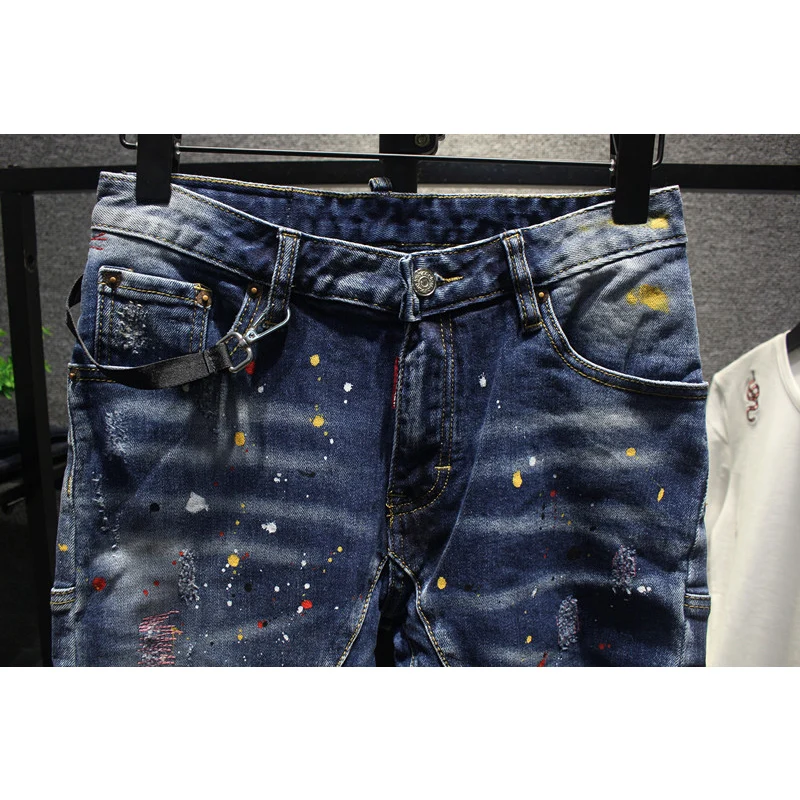 Moda uliczna Mężczyźni Jeans Retro Blue Stretch Slim Fit Painted Ripped Jeans Men Spliced Designer Hip Hop Vintage Denim Pants Homme