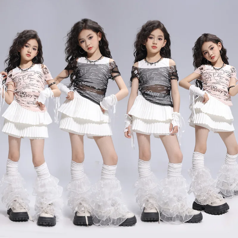 

Kid Kpop Hip Hop Clothing Letters Print Transparent Mesh T Shirt White Layered Pleated Skirt for Girl Jazz Dance Costume Clothes