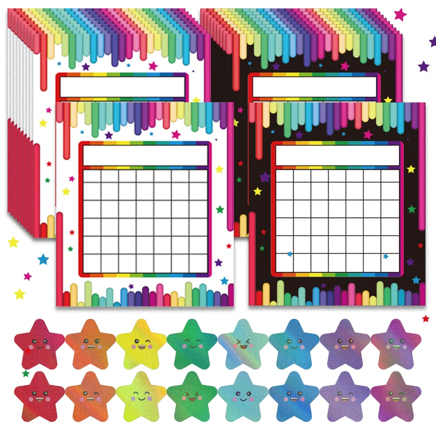 20 Sets of Classroom Reward Charts, 2 Designs, Includes 480 Pcs Holographic Rainbow Star Stickers, Suitable for Classroom