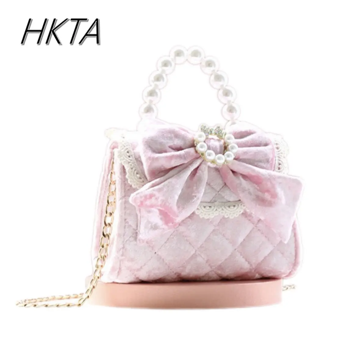 

Sweet Kawaii Lolita Bow Portable Pink Handbag Women Elegant Summer Velvet Pearl Chain Mini Crossbody Bags Female Backpack
