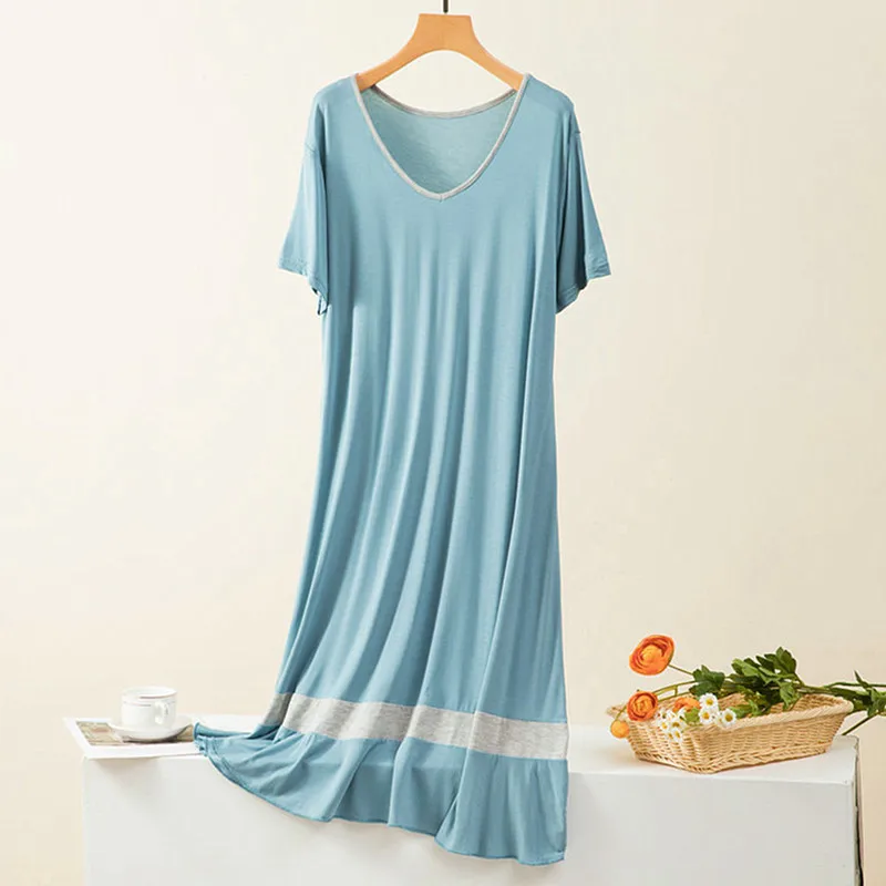 Loose Big Size Modal Sleepwear For Women Dress New V Neck Short Sleeve Ladies Nightie Patchwork Color Oversize Nightgowns