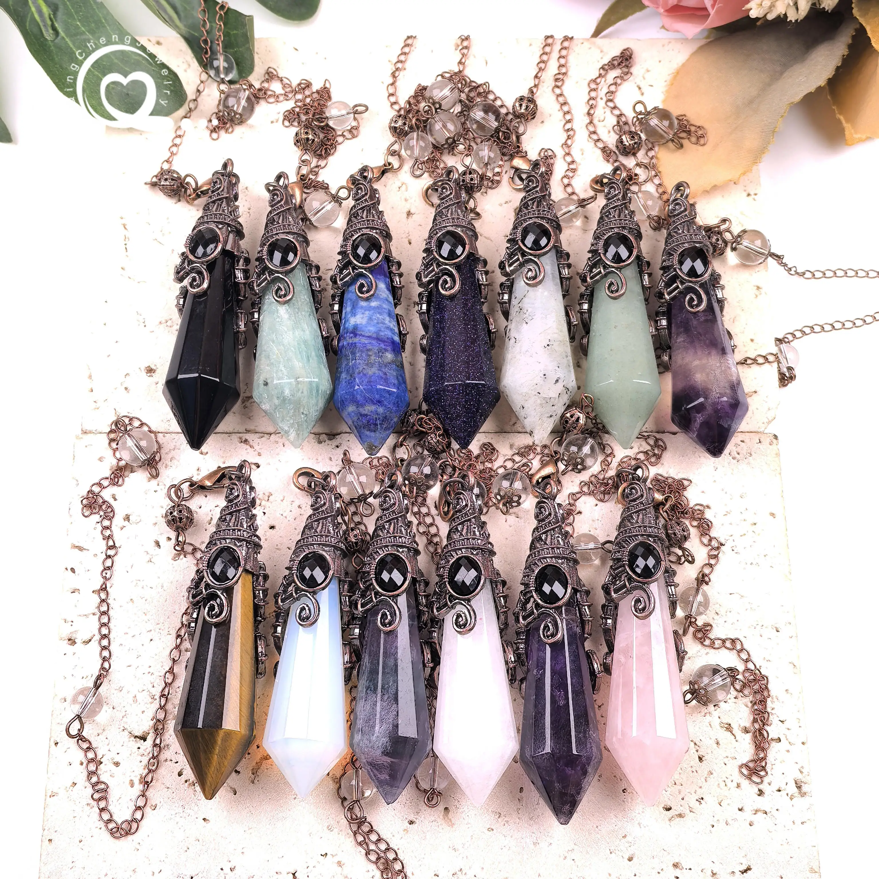 

Antique Bronze Quartz Faceted Point Pendulums for Dowsing Divination Wicca Chakra Reiki Healing Crystal Amethyst Pendules,QC6027