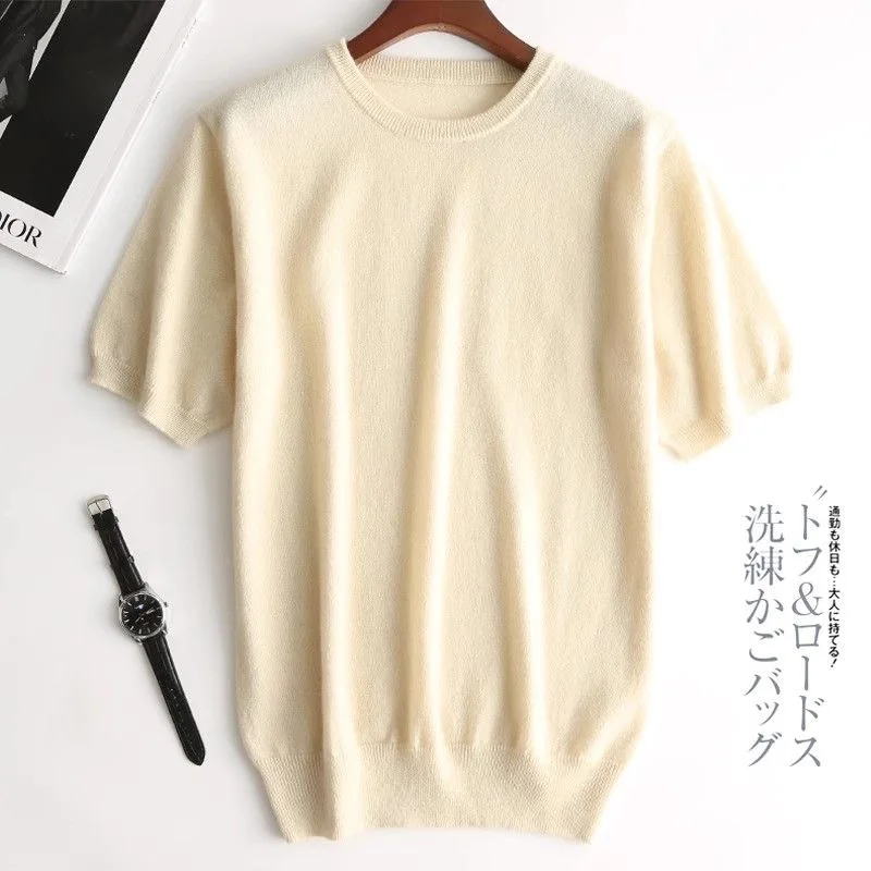 Wool Short Sleeved Men's Round Neck Cashmer Summer T-shirt Loose Half Sleeve Knitted Shirt Top Fashion Breathable Anti-Odor