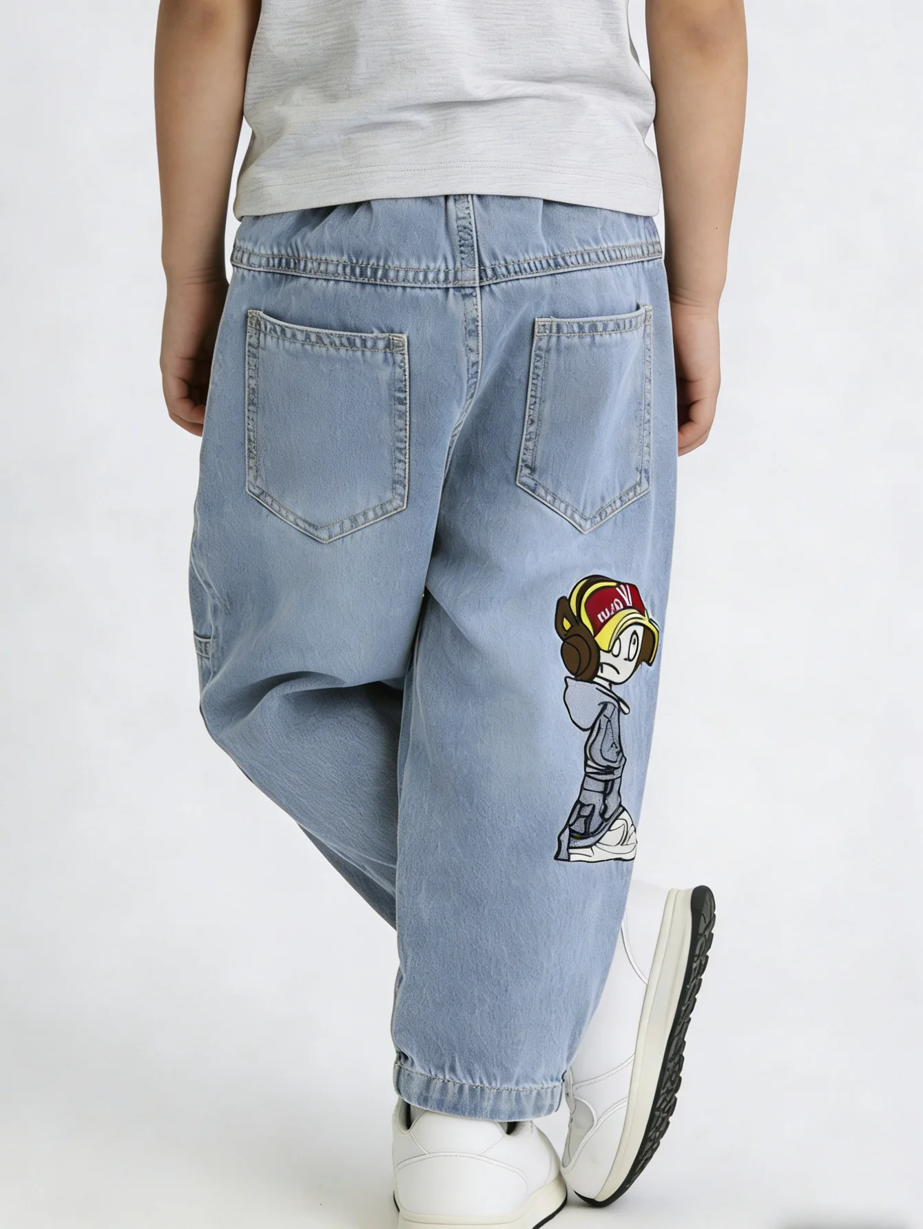 Boys Light Blue Cartoon Character Embroidery Denim Joggers Kids Loose Fit Baggy Pants Children Elastic Waist Casual Trousers 202